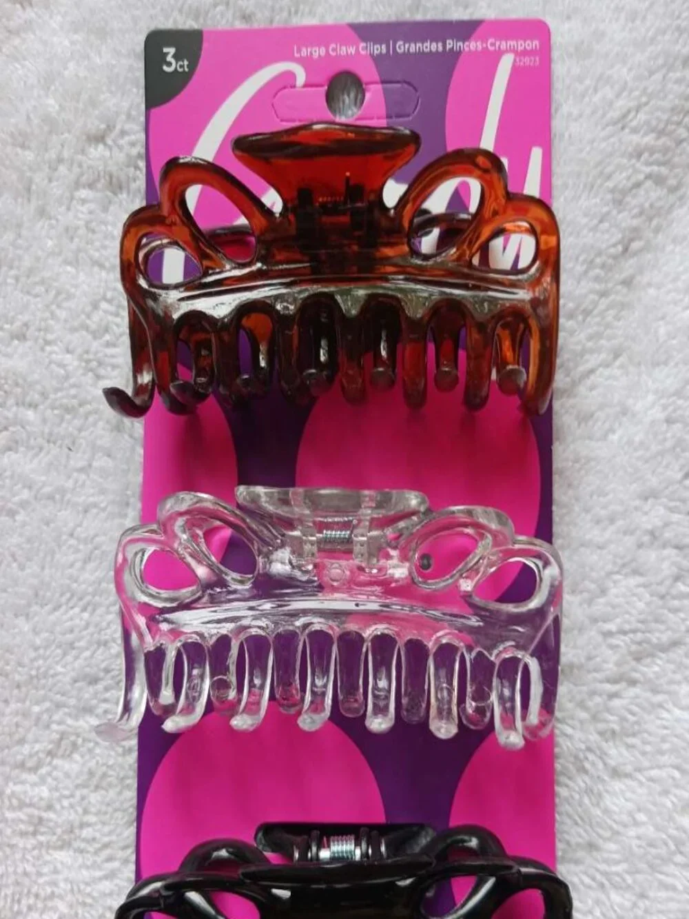 3 Goody Large Claw Clips Hair Jaw Glossy Plastic Black Clear Tortoiseshell Brown